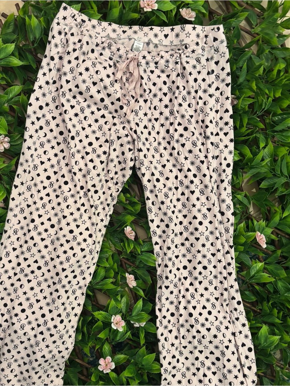 Victoria's Secret Pale Pink Pajama Pants with Black Star & Icon Print
